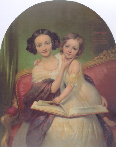 Joseph-Desire Court Portrait de Marguerite Louise Cibiel et de Marie Aglaure Cibiel assises sur un sofa  feuilletant un livre